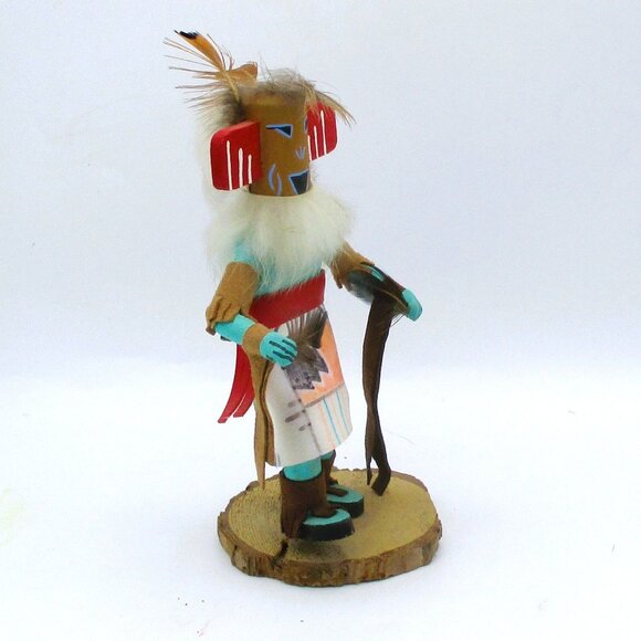Talavai Kachina Doll With Feathers Wood & Leather 7" Native American Style Art - Picture 2 of 6